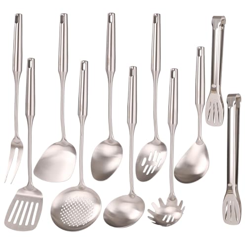 18/10 Stainless Steel Kitchen Utensils Set - 15” All Metal Cooking Tools, 11Pcs - 2 Tongs, Fork, Solid Spoon, Slotted Spoon, Spatula, Soup Ladle, Skimmer, Slotted Spatula, Spaghetti Spoon, Large Spoon