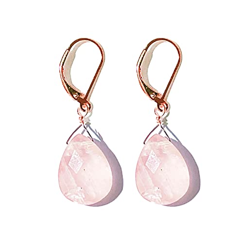 Joyfulmuze Rose Quartz Earrings, 14K Rose Gold Silver 925, Pretty