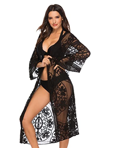 Leisofter Damen Crochet Kimono Cardigan Bikini Cover Up, Sommer Loose Lange Boho Bikini Cover Up, Leichte Frauen Beachwear Bedecken, Strandkleider thumbnail