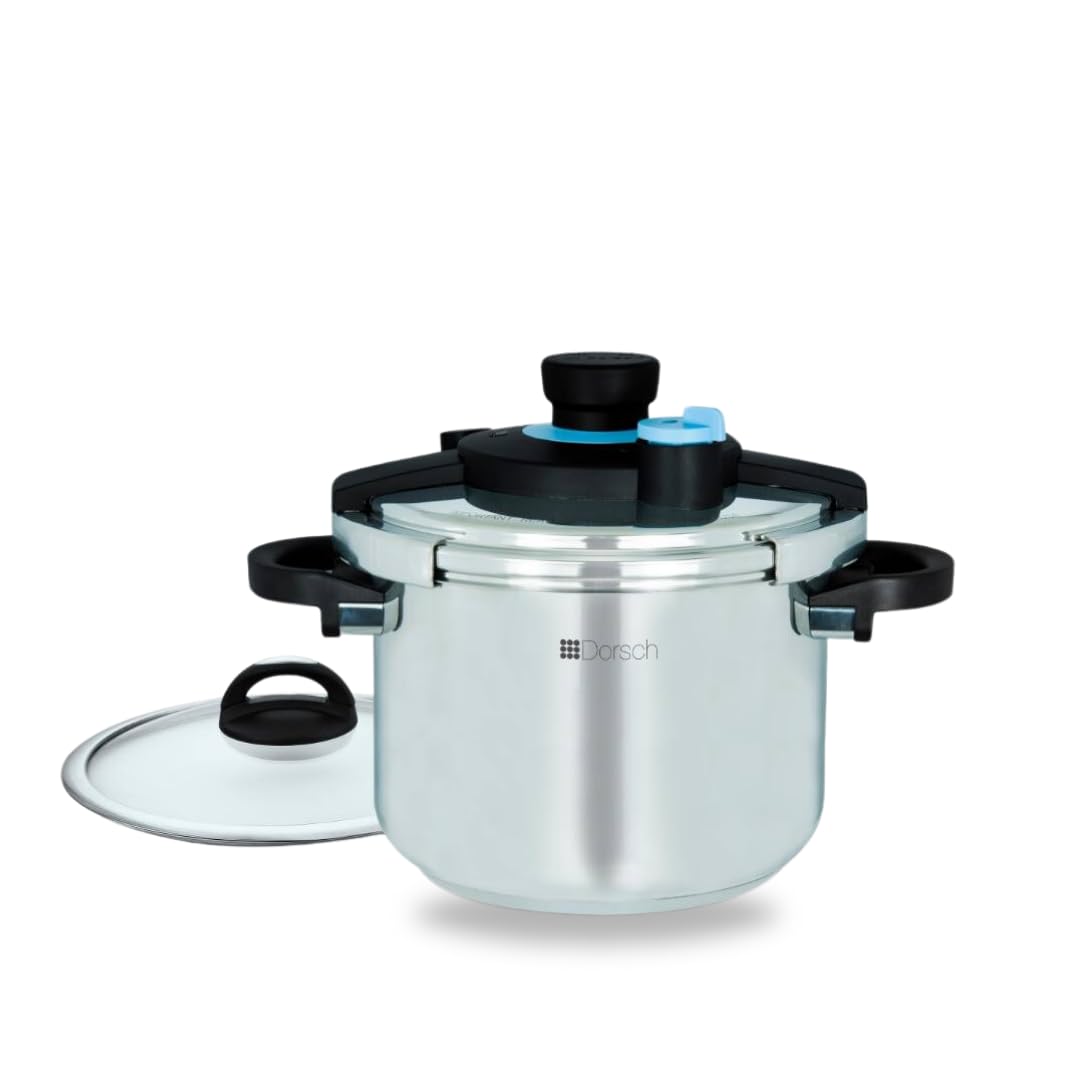 DorschDanish Design GoPress 18/10 Stainless Steel Pressure Cooker - Induction Compatible, Self-Locking Handle, Auto-Pressure Release, Versatile Steamer Basket, Low & High Pressure Cooking (6 Ltr)