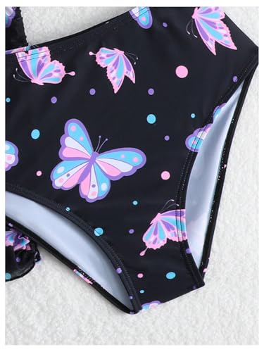 MakeMeChic Girl's 3 Piece Butterfly Print Ruffle Ruched Bikini Set with Drawstring Cover Up Skirt3
