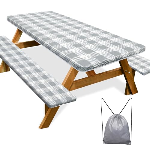 Image of Picnic Table Cover with Bench Covers Camping Essentials Waterproof Windproof Camping Tablecloth with Drawstring Bag, Fitted Rectangle Tables and Seats, 72in, Grey Checkered