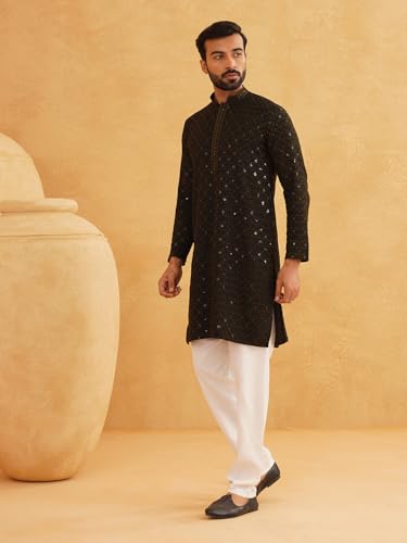 Image of SOJANYA Men's Coffee Brown Cotton Blend Kurta with Intricate Embroidery & Subtle Sequin Work