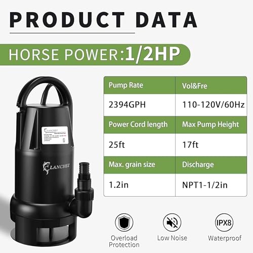 1/2HP Sump Pump Submersible, 2394GPH Submersible Water Pump,115V with 3/4\"&1-1/2\" Adapter Utility Pump Clean/Dirty,Portable Water Pump for Pool Draining Pond Basement