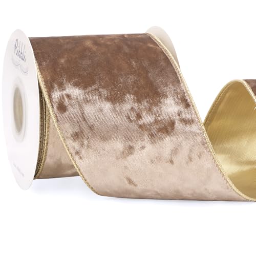 Image of Ribbli Camel Velvet Wired Ribbon 4 Inch Metallic Khaki Crushed Velvet Christmas Ribbon for Gift Wrapping Christmas Tree Decoration Crafts Wreaths Supplies-Continuous 10 Yards