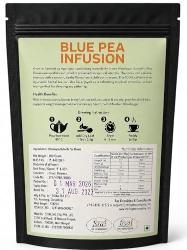 Image of Stirling's Blended Blue Pea Infusion, Himalayan Butterfly Pea Flower, 100% Natural, Caffeine-Free Herbal Tea