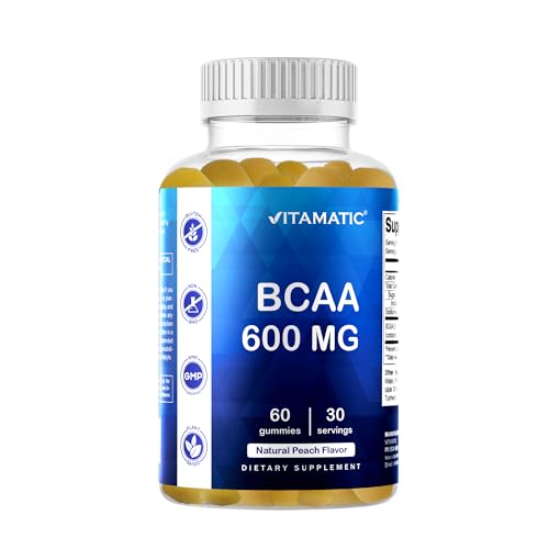 Vitamatic BCAA Gummies - Branch Chain Amino Acid Supplements - Peach Flavor - 600mg per Serving - 60 Vegan Pectin Based Gummies