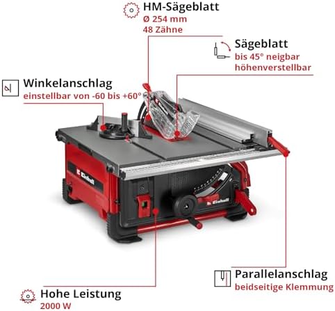 Bild 1 - Einhell Tischkreissäge TE-TS 10 T (2000 W, 89 mm Schnitthöhe, Ø 254 mm Sägeblatt, Tischverbreiterung, Winkelanschlag, Parallelanschlag, Schiebestock, Absauganschluss)