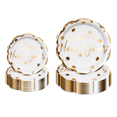 LeZakaa 50Pcs Christmas Paper Plates Sets - Happy New Year Lettering in White, Gold Foil Design Disposable Party Plates Decorative Tableware Supplies Table Decor - 7 Inch & 9 Inch