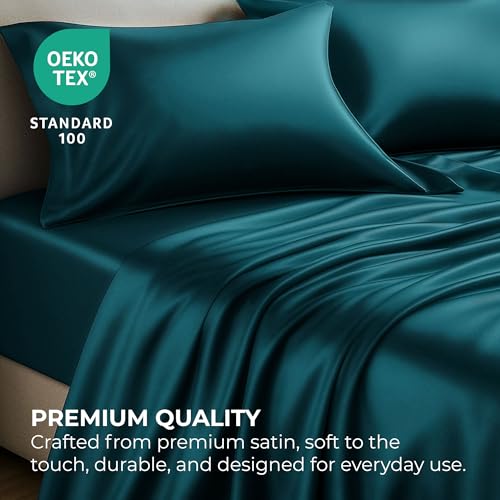 Satin Sheets King [4-Piece, Teal] Hotel Luxury Silky Bed Sheets - Extra Soft 1800 Microfiber Sheet Set, Wrinkle, Fade, Stain Resistant - Deep Pocket Fitted Sheet, Flat Sheet, Pillow Cases by Pure Bedding - Used condition - Image 2