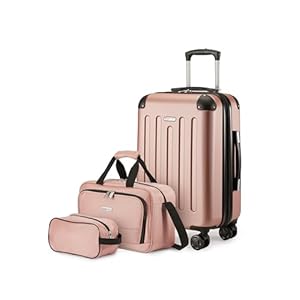 Amazon Basics Hardside Carry-On Spinner Luggage Set, 3-Piece, Carry-On Suitcase, Tote Bag, Compact Travel Bag, Expandable, 4 Spinner Wheels, Rose Gold