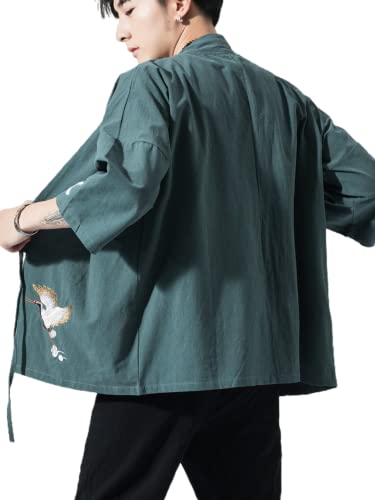 Image of Men's Japanese Kimono Cardigan Loose Cotton Linen 3 /4 Sleeve Open Front Casual Summer Shirt Jackets