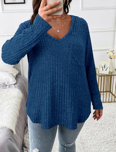 Image of Koscacy Women Plus Size Casual Knit Sweater with Pocket V Neck Solid Color Tops Lightweight Long Sleeve Blouses