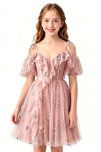 Raccua Dusty Rose Junior Bridesmaid Dresses for Flower Girl Tulle Floral Ruffles Embroidery Prom Dress for Teens Dusty Rose Short Homecoming Formal Gown 12