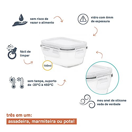 Oikos - Pote de Vidro 160ml Hermético com Trava Retangular