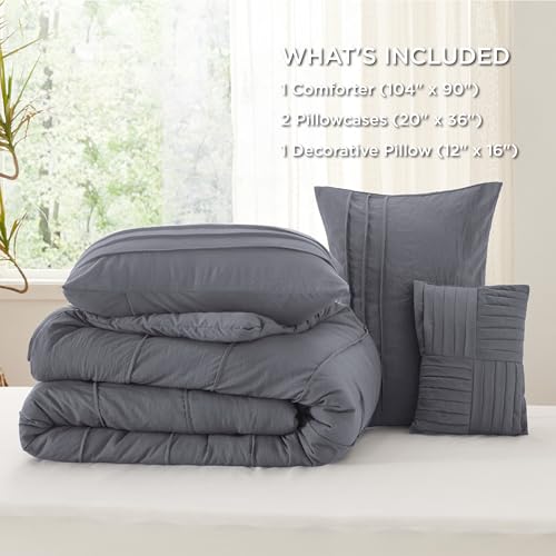 Image of Bedsure King Comforter Set - 4 Pieces Pinch Pleat Bed Set, Dark Grey Boho Bedding for All Season, 1 Soft Comforter, 2 Pillowcases, 1 Decorative Pillow