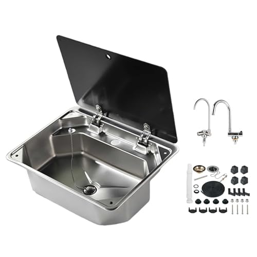qingshenyi 小型 RV用シンク ステンレスシンク 折りたたみ式蛇口と蓋付きキャンピングカー キット アクセサリー バー用 耐久性 (シンク + ダブル蛇口)