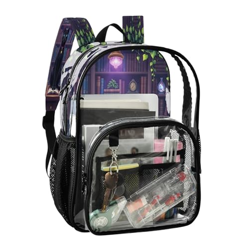 Bookshelf Black Cat Kitten Clear Backpack Heavy Duty See Through Transparent PVC BookBag for Kids Boy Girl School Work2