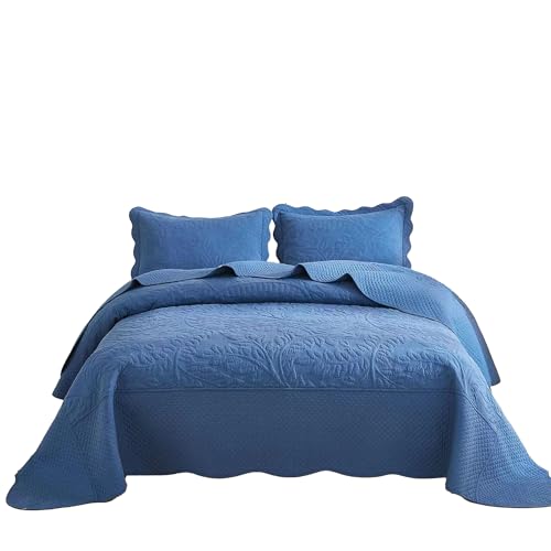 MarCielo 3-Piece 100% Cotton Oversized Bedspread Lightweight Quilt Coverlet Embroidery Farmhouse Bedding Set T0 (Midtone Blue, Oversized Queen (100"x106"))