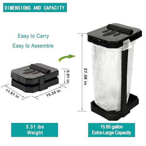 Image of Collapsible Trash Can & Portable Garbage Bin with Reinforced Frame, 2 Ground Stakes, Trash Bag Holder - Includes Built-in Bag Dispenser & 20 Bags for Camping, RV, Outdoor & Home Use