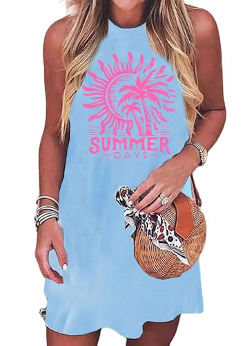 Image of Sun Salt Sand Coconut Tree Tank Mini Dress for Women Casual Loose Sleeveless Beach Praty Shirts Summer Vacation Short Dress