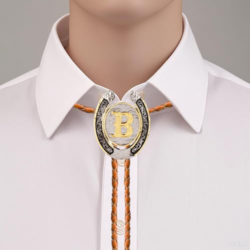 Image of Bolo tie for Men Western Cowboy Brown Leather Necktie Gold Initial Letter ABCDJMR to Z Bolo ties for Women