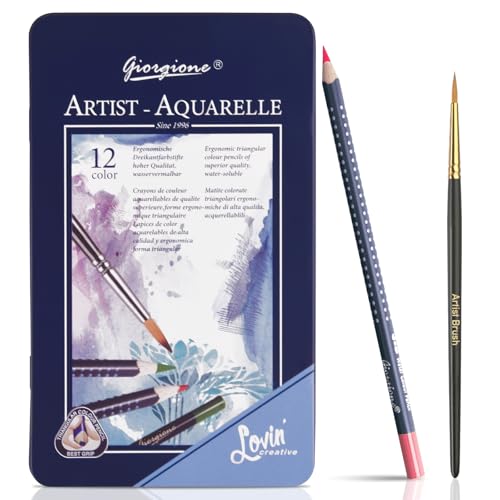Surcotto Aquarellstifte - 12 wasservermalbare Buntstifte, wasserlösliche Buntstifte für Kinder und Erwachsene | wasserbasiert, sanfte Farben, mit Blechdose und feinem Pinsel, 12-teilig, dreikant