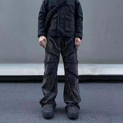 Gothic Jeans, Women's Street Hip-hop Patchwork with raw Edges, Black Jeans, Y2K Men's Distressed Straight Leg Pants4
