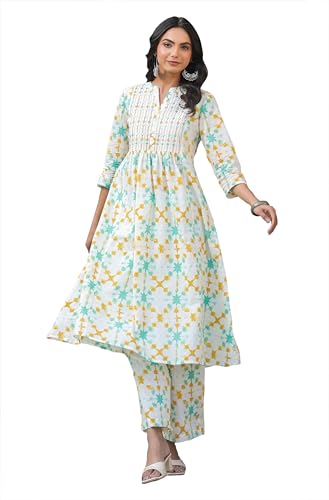 Image of Janasya White Pure Cotton Kurta & Pant Set for Women Abstract Print Ethnic Wear