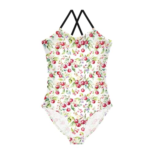 senya Girls Swimsuits One-Piece Swimwear Tie Bathing Suit Beach Summer Round Neck 9-10T White Watercolor Cherries