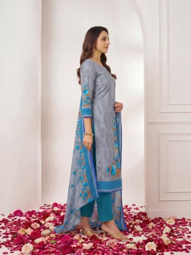 Image of Grey Silk Women's Dress Material with Coordinated Dupatta | Unstitched Salwar Suit Fabric Set for Casual, Office, Festive & Traditional Ethnic Wear