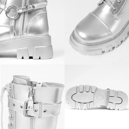 Image of Women Harness Motorcycle Biker Boots Steampunk Combat Boots Chunky Mid Calf Goth Boots Lug Sole Lace up Side Zipper