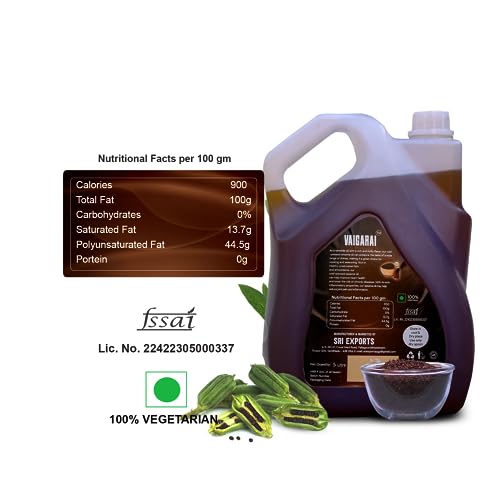 Image of VAIGARAI Wood Cold Pressed Sesame Oil 5 Litre (5L) | Kachi Ghani (Chekku) Gingelly /Till Oil for Cooking | Using Palm Jaggery /Panai Karuppatti on Extraction