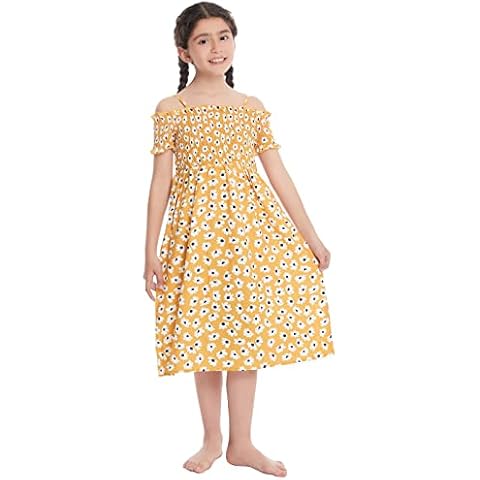 Veseacky Girls Casual Summer Floral Off Shoulder Spaghetti Strap Dress for 4-13 Years, Yellow, 9-10 Years Cover