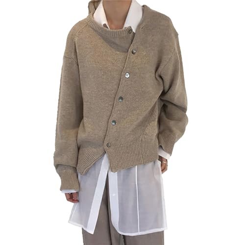 Womens Oblique Buckle Irregular Top Solid Color Round Collar T-Shirt Coat Casual Asymmetrical Button Front Blouses (Medium,Khaki)