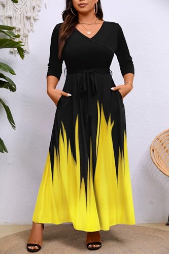 Image of Runwind Plus Size Maxi Dresses - 3 /4 Sleeve V Neck Long Dress for Women (XL-6XL)