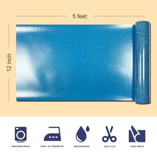 Image of Yiwloer Blue Glitter HTV Heat Transfer Vinyl, 12 inch x 5ft lron on Vinyl, for T-Shirt Ironing, Vinyl HTV Easy to Cut and Weed, The Best Choice for DIY Creativity