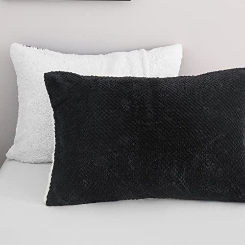 Sleepbella Black Plush Comforter Queen Size, Reversible Comforter With Black Pineapple Fleece & 100% Faux Sherpa White Fleece, Ultra-Soft Down Alternative Bedding Set 3Pcs,(Queen, Black) #TOP3