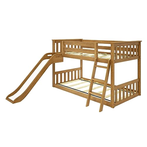 Image of Max & Lily Twin Over Twin Low Bunk with Slide and Ladder, Wooden Bunk beds with 14 inch Safety Guardrail for Kids, Toddlers, Boys, Girls, Teens, Bedroom Furniture, Pecan