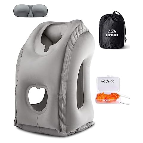JefDiee Enhance Your Travel Experience with Our Complete Travel Pillow Set - Includes Inflatable Pillow, 3D Eye Mask, Earplugs, and Portable Bag (Blue-d7) Cover