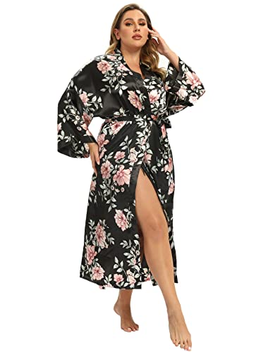 Image of Women's Floral Long Satin Robes Plus Size Long Silk Robes Peacock Floral Kimonos Sleepwear Dressing Gown