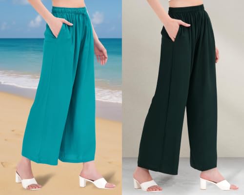 Image of Buy That Trendz Palazzo Pants for Women Rayon Elasticated Regular Fit Flared Wide Leg M to 6XL Pack of 2