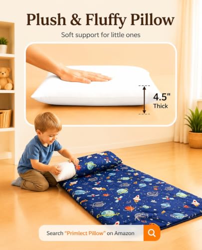 Image of Primlect Thickened Toddler Nap Mat with Removable Pillow and Minky Blanket, Extra Large 55''x35'' Sleeping Bag, Washable, Roll up, Perfect for Daycare, Preschool, Kindergarten, Boys and Girls (Space)