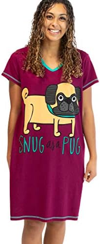 Lazy One Women's Nightgown, Funny V-Neck Sleep Shirt for Women (Snug As A Pug, S/M)