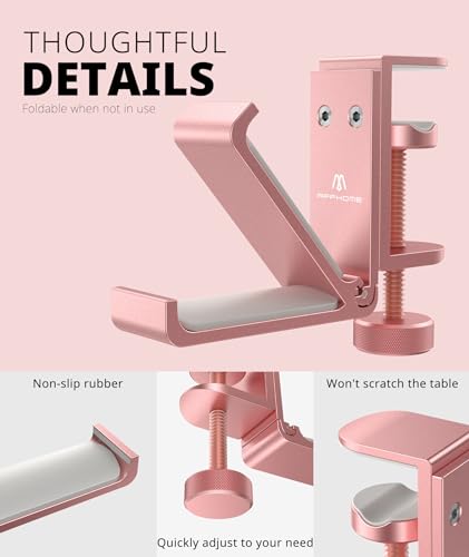 APPHOME Foldable Headphone Stand Hanger Holder, Space-Saving Aluminum Soundbar Stand with Universal Fit for Gaming PC Accessories, Under Desk Clamp Hook Mount (Pink-1PC) - Thumbnail 4