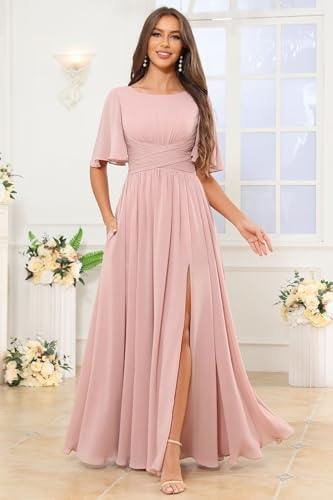Chiffon Short Sleeve Long Bridesmaid Dresses for Women Ruched Evening Formal Gowns4