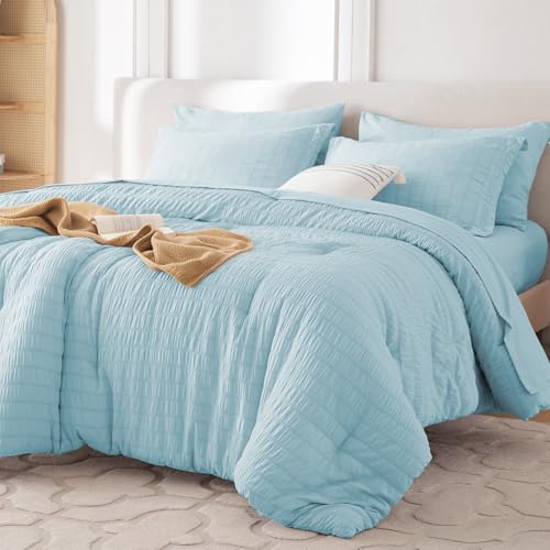 Image of MUXHOMO 7 Pieces Oversized Queen Comforter Set, Seersucker Bed in a Bag Oversized Queen Size, All Season Luxury Bedding Set with Comforter, Flat Sheet, Fitted Sheet, Pillowcases & Shams, Lake Blue