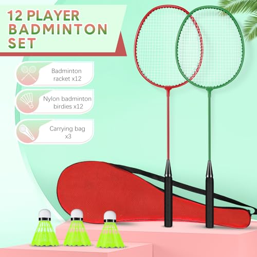 Image of 12 Pack Badminton Rackets Set Including Badminton Racquets, Nylon Shuttlecocks and Carry Bag for Outdoor Backyard Games Beginners