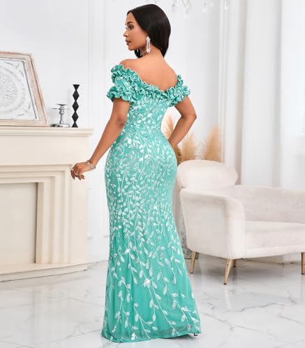 Image of dasmzper Women Sexy Sequin Off Shoulder Ruffle Short Sleeve Bodycon Mermaid Party Formal Evening Maxi Dress