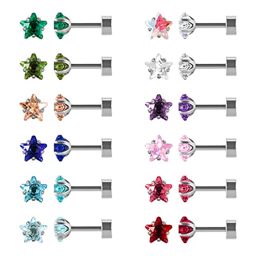12 paires de boucles d'oreilles en acier inoxydable chirurgical à dos plat, gilet à vis étoile carré larme rond plaqué or CZ tache de naissance stud boucles...